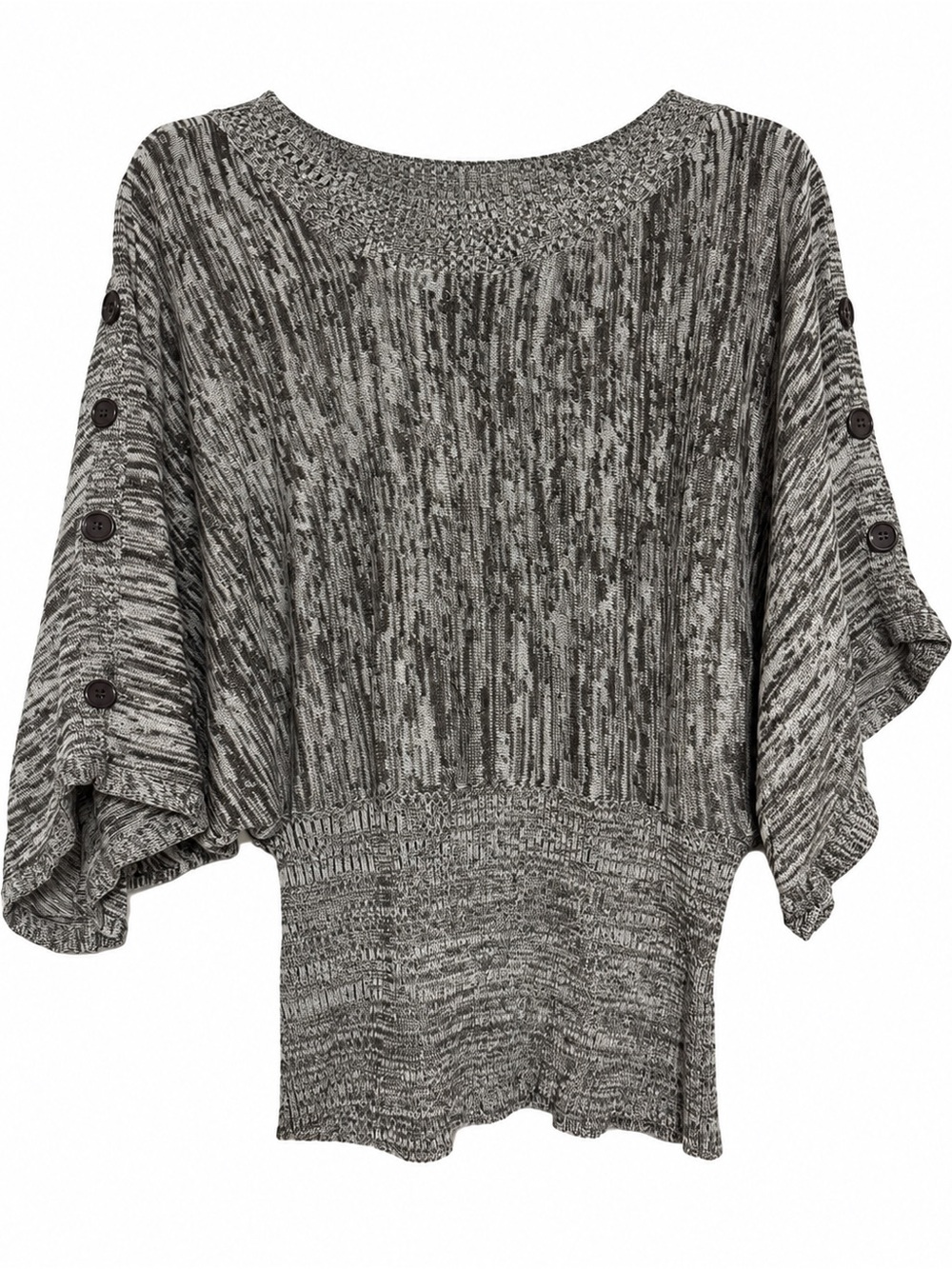 Button-Sleeve Marled Gray Batwing Sweater Poncho